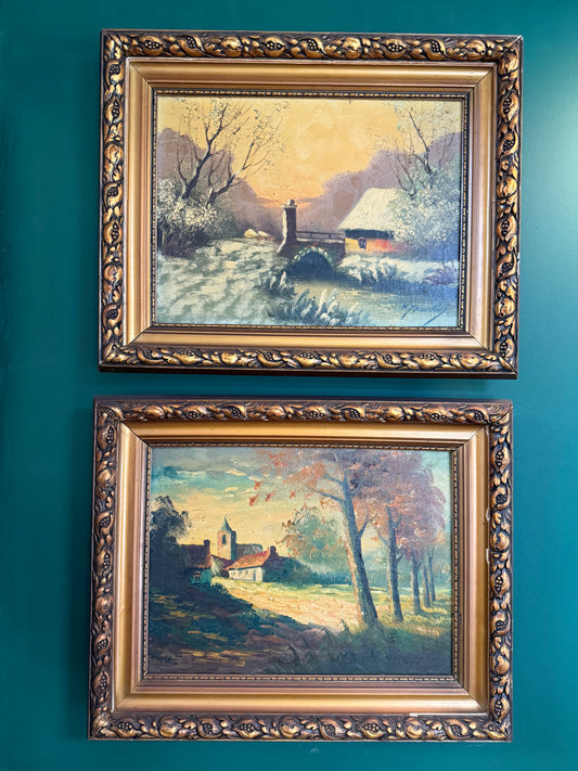 20h Century European Landscape Diptych - 2 x Signed Oil Paintings (Oil on canvas)
