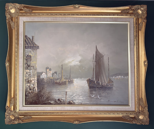 Contemporary Harbour Scene - Signed Oil Painting